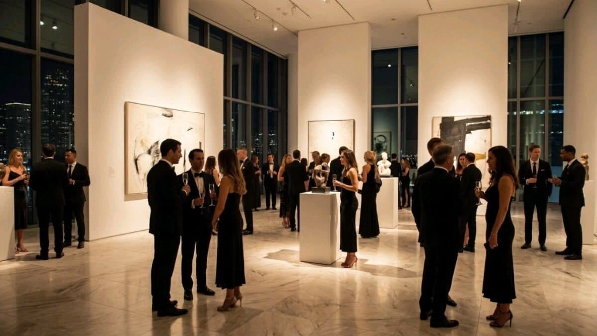 Guests in evening attire mingling at a museum gala.