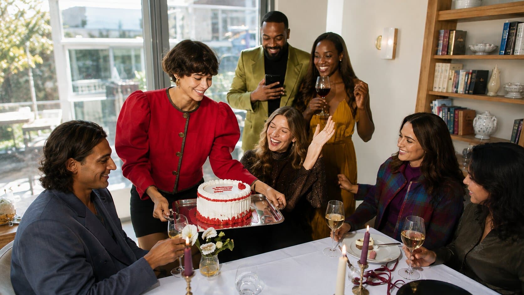 A family-style spread laid out for a personal celebration.
